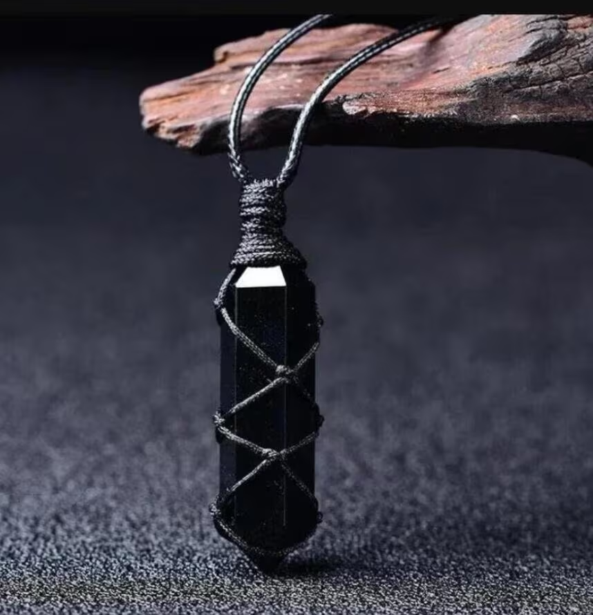 Black Obsidian Pendant Necklace-Obsidian Stone Hexagon Point Wrapped Braided Necklace for Men Women -Obsidian Crystal Necklace -GIFT