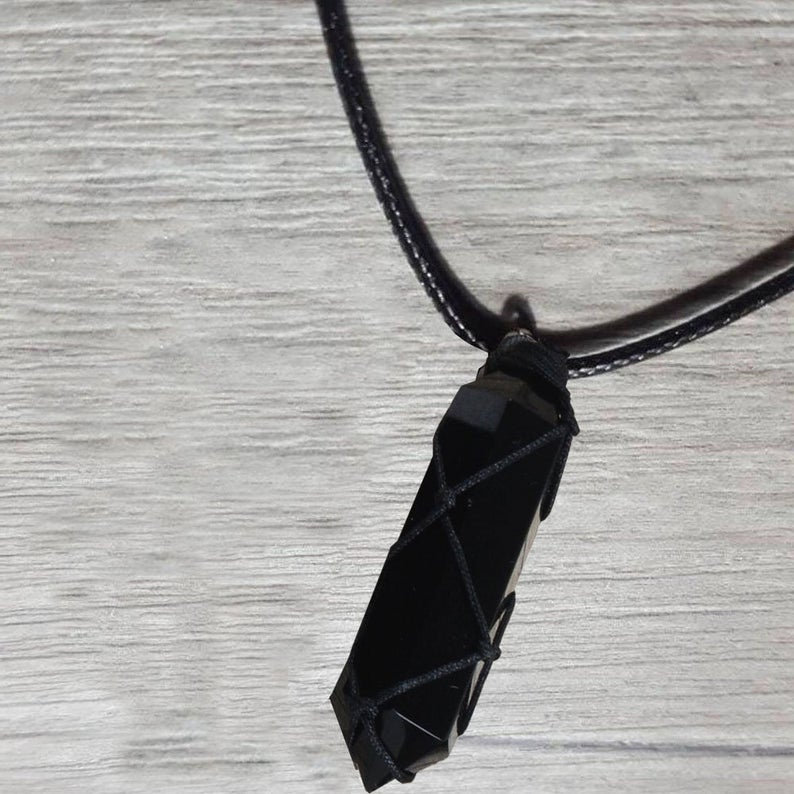 Black Obsidian Pendant Necklace-Obsidian Stone Hexagon Point Wrapped Braided Necklace for Men Women -Obsidian Crystal Necklace -GIFT