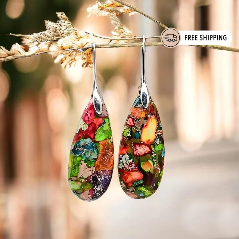 Galaxy Sea Sediment Jasper Stone Earrings- Mental Health Gemstone Dangle Drop Earrings for Women Gift