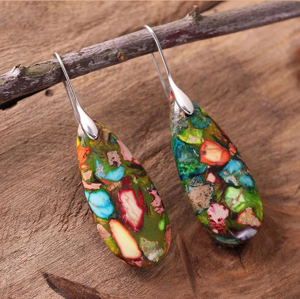 Galaxy Sea Sediment Jasper Stone Earrings- Mental Health Gemstone Dangle Drop Earrings for Women Gift