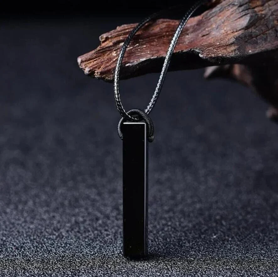 Natural Black Obsidian Pendant Necklace-Obsidian Stone Stick Bar Necklace for Men-Obsidian Crystal Necklace for Women