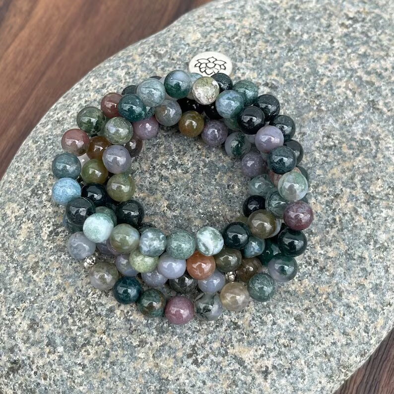 108 Beads Mala Bracelet - Moss Agate Stone Mala Bracelet - Meditation Spiritual Yoga Friendship Bracelet - Mala Prayer Beaded Bracelet