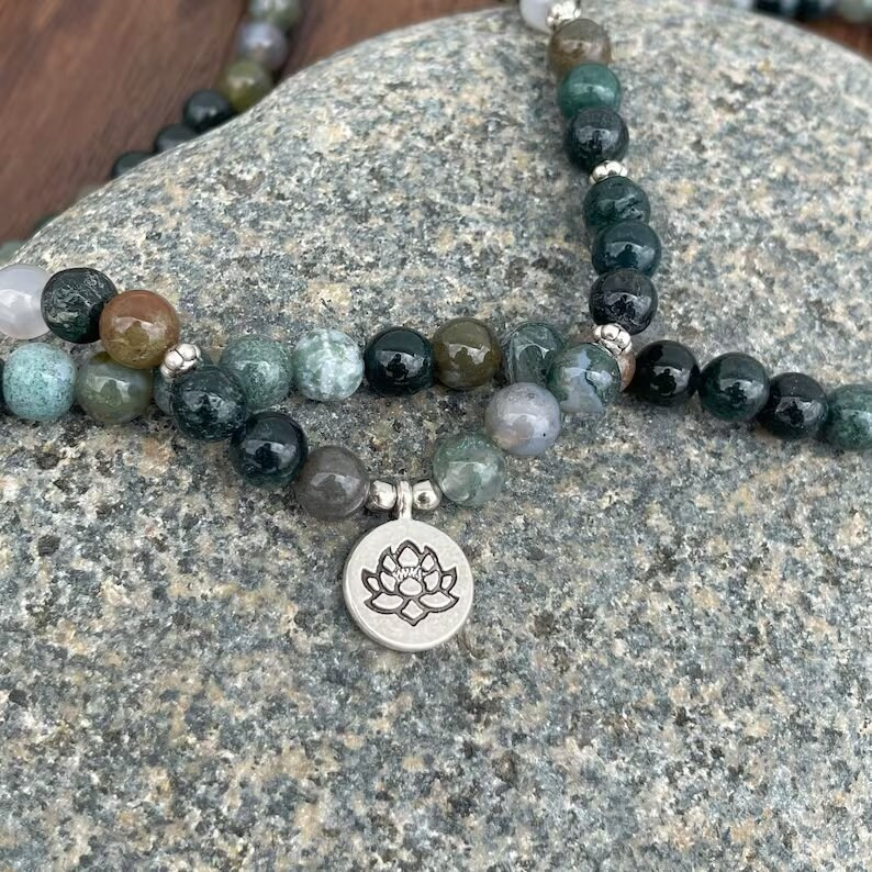 108 Beads Mala Bracelet - Moss Agate Stone Mala Bracelet - Meditation Spiritual Yoga Friendship Bracelet - Mala Prayer Beaded Bracelet