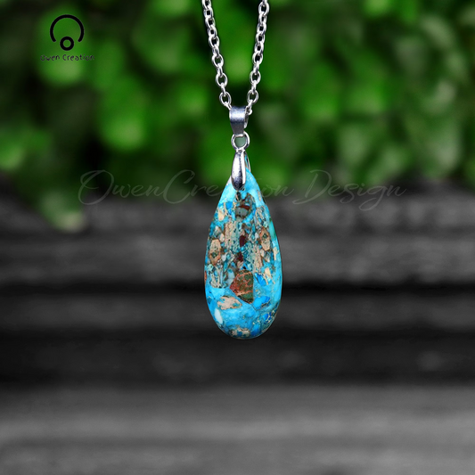 Natural Stone Pendant Necklace- Blue Sea Sediment Jasper Stone Teardrop Necklace