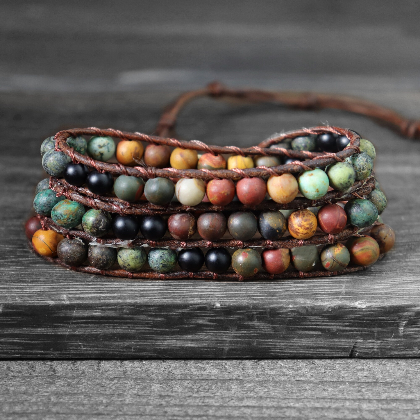 African Turquoise Bracelet, Natural Gemstone Bracelet, Matte Stone Leather Wrap Bracelet, Healing Grounding Mediation Bracelet Gift