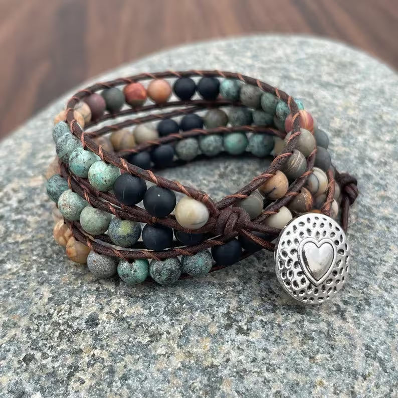 African Turquoise Bracelet, Natural Gemstone Bracelet, Matte Stone Leather Wrap Bracelet, Healing Grounding Mediation Bracelet Gift