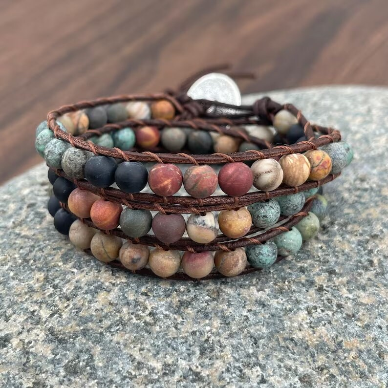 African Turquoise Bracelet, Natural Gemstone Bracelet, Matte Stone Leather Wrap Bracelet, Healing Grounding Mediation Bracelet Gift