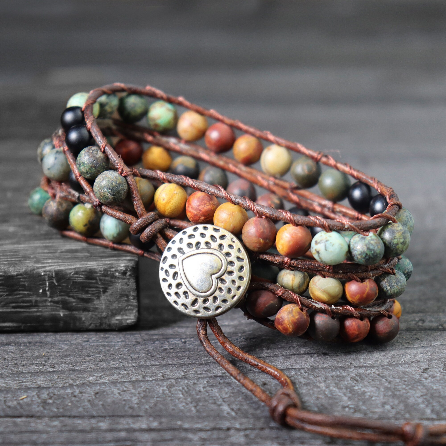 African Turquoise Bracelet, Natural Gemstone Bracelet, Matte Stone Leather Wrap Bracelet, Healing Grounding Mediation Bracelet Gift