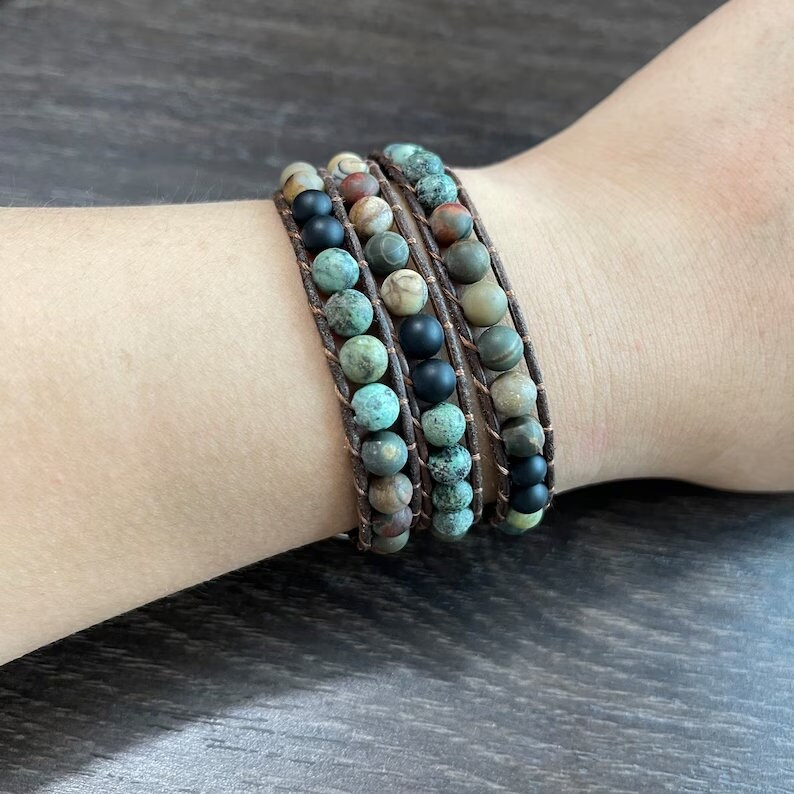 African Turquoise Bracelet, Natural Gemstone Bracelet, Matte Stone Leather Wrap Bracelet, Healing Grounding Mediation Bracelet Gift