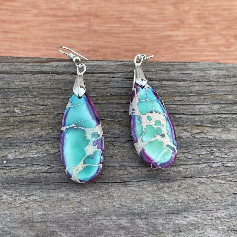 Healing Teardrop Earrings, Purple/Blue Sea Sediment Earrings, Natural Gemstone Dangle Earrings, Inner Peace Meditation Grounding Earrings