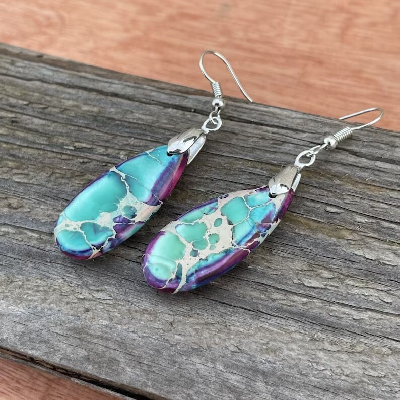 Healing Teardrop Earrings, Purple/Blue Sea Sediment Earrings, Natural Gemstone Dangle Earrings, Inner Peace Meditation Grounding Earrings