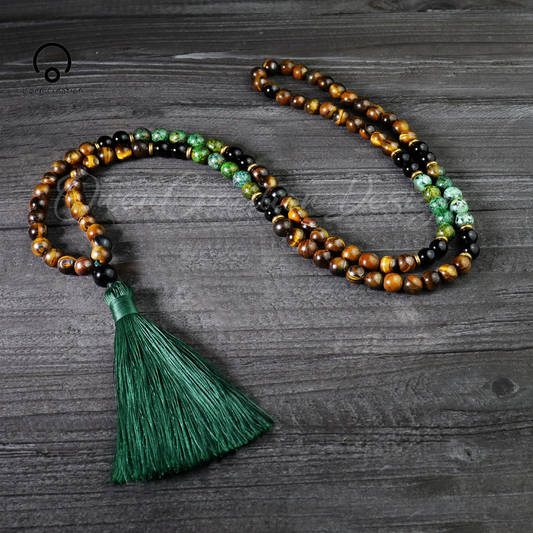 108 Beads Mala Prayer Necklace- Natural Stone African Turquoise Tassel Necklace