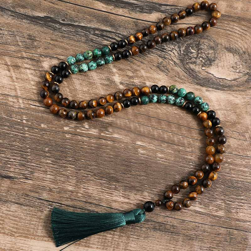 108 Beads Mala Prayer Necklace- Natural Stone African Turquoise Tassel Necklace