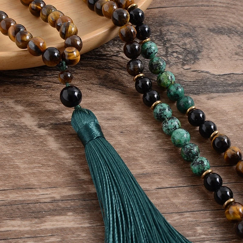 108 Beads Mala Prayer Necklace- Natural Stone African Turquoise Tassel Necklace