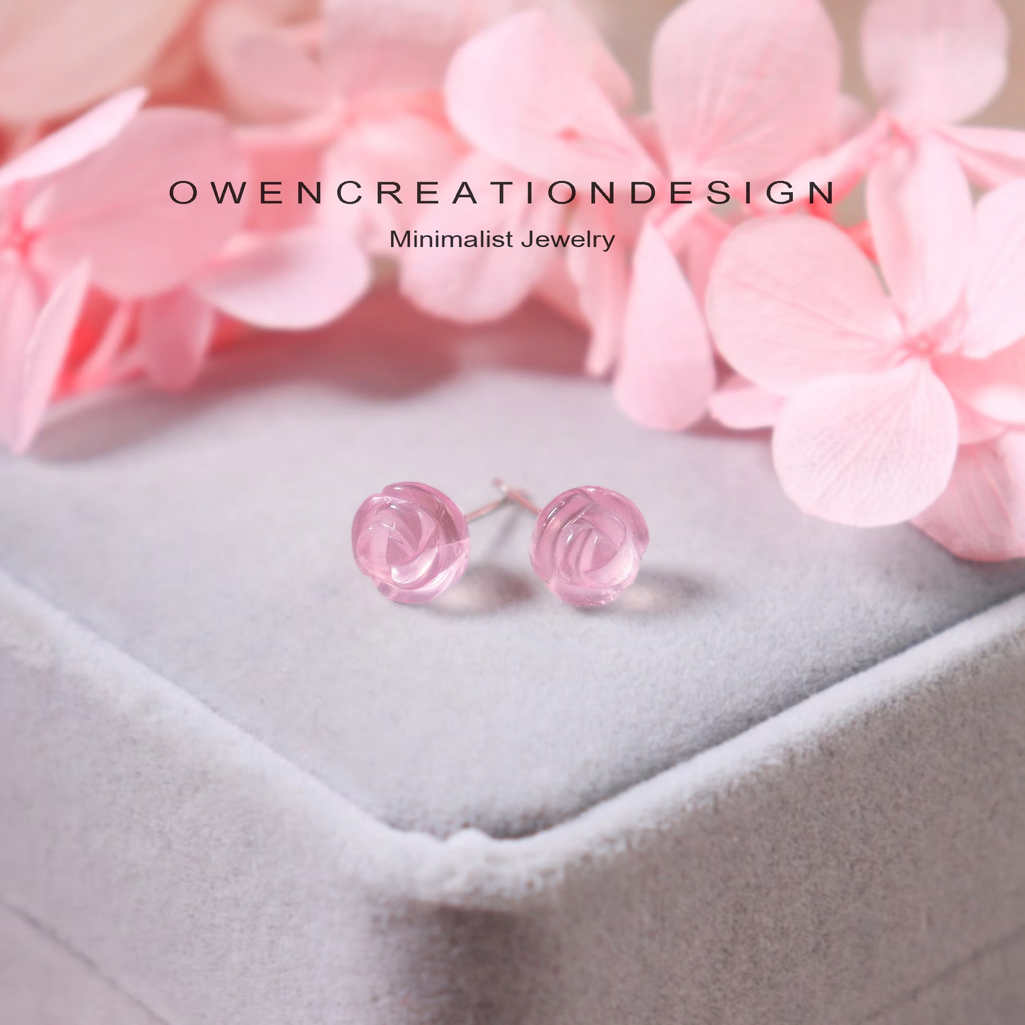 Hand Carved Natural Rose Quartz Flower Stud Earrings,Delicate Rose Flower Earrings