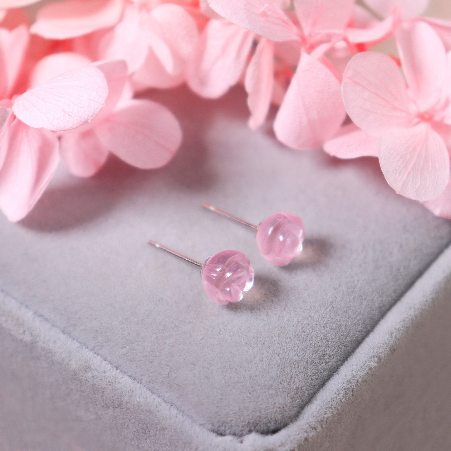 Hand Carved Natural Rose Quartz Flower Stud Earrings,Delicate Rose Flower Earrings