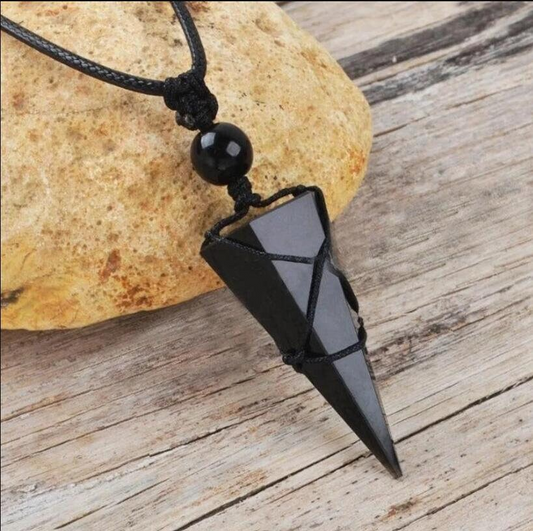 Obsidian Pendant Necklace-Natural Black Obsidian Stone Hexagon Point Wrapped Necklace- Yoga Necklace