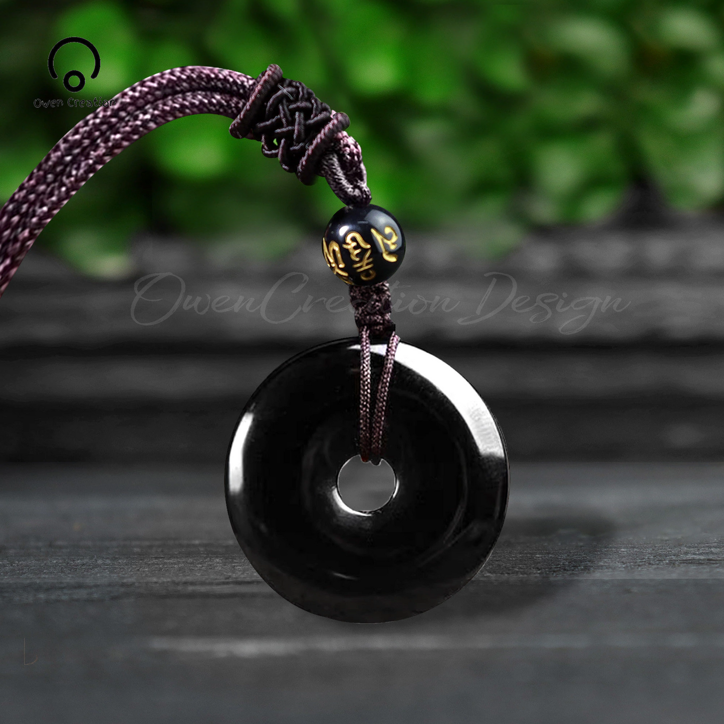 Black Obsidian Pendant Necklace- Natural Stone Lucky Coin-Shaped Donut Pendant Necklace