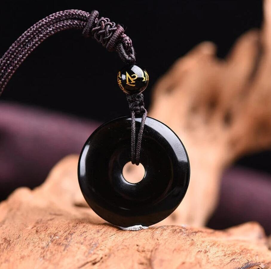 Black Obsidian Pendant Necklace- Natural Stone Lucky Coin-Shaped Donut Pendant Necklace