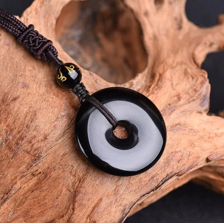 Black Obsidian Pendant Necklace- Natural Stone Lucky Coin-Shaped Donut Pendant Necklace