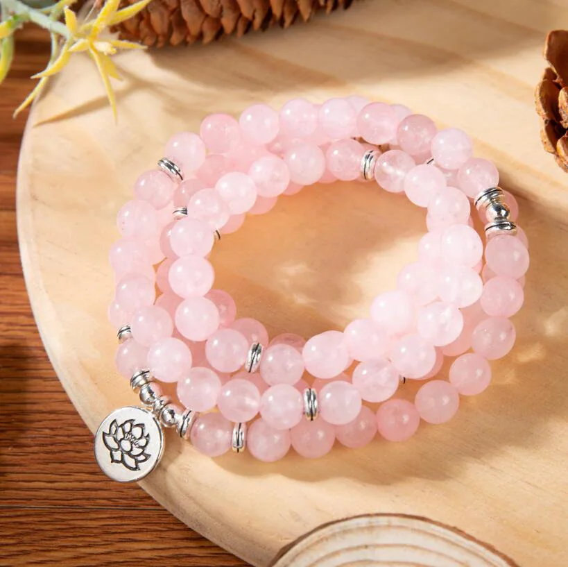 108 Beads Mala Prayer Bracelet- Rose Quartz  Stone Bracelet-Gifts for Mom