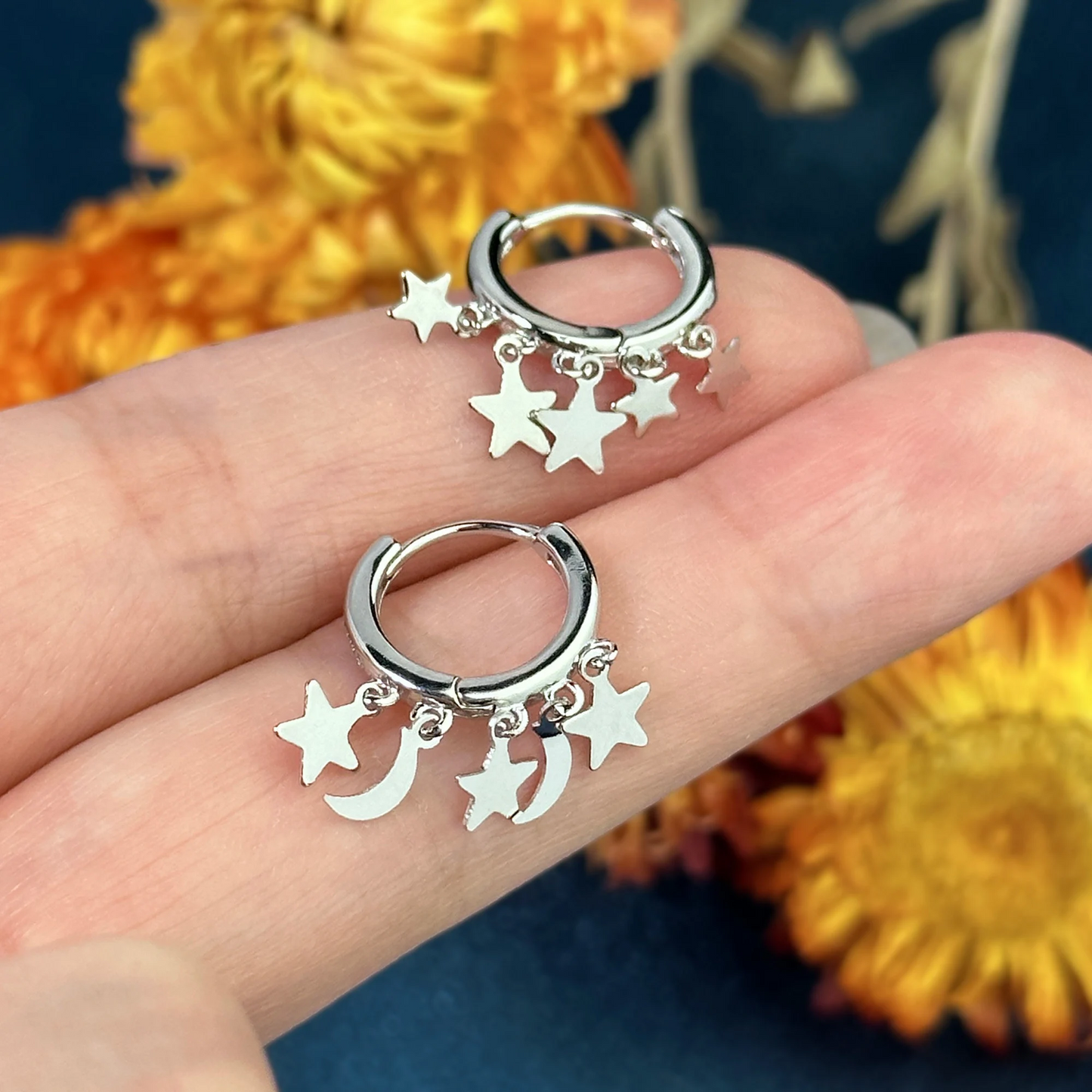 Dainty Sterling Silver Huggie Hoop Earrings with Dangling Moon and Star Charms, Celestial Geometric Design