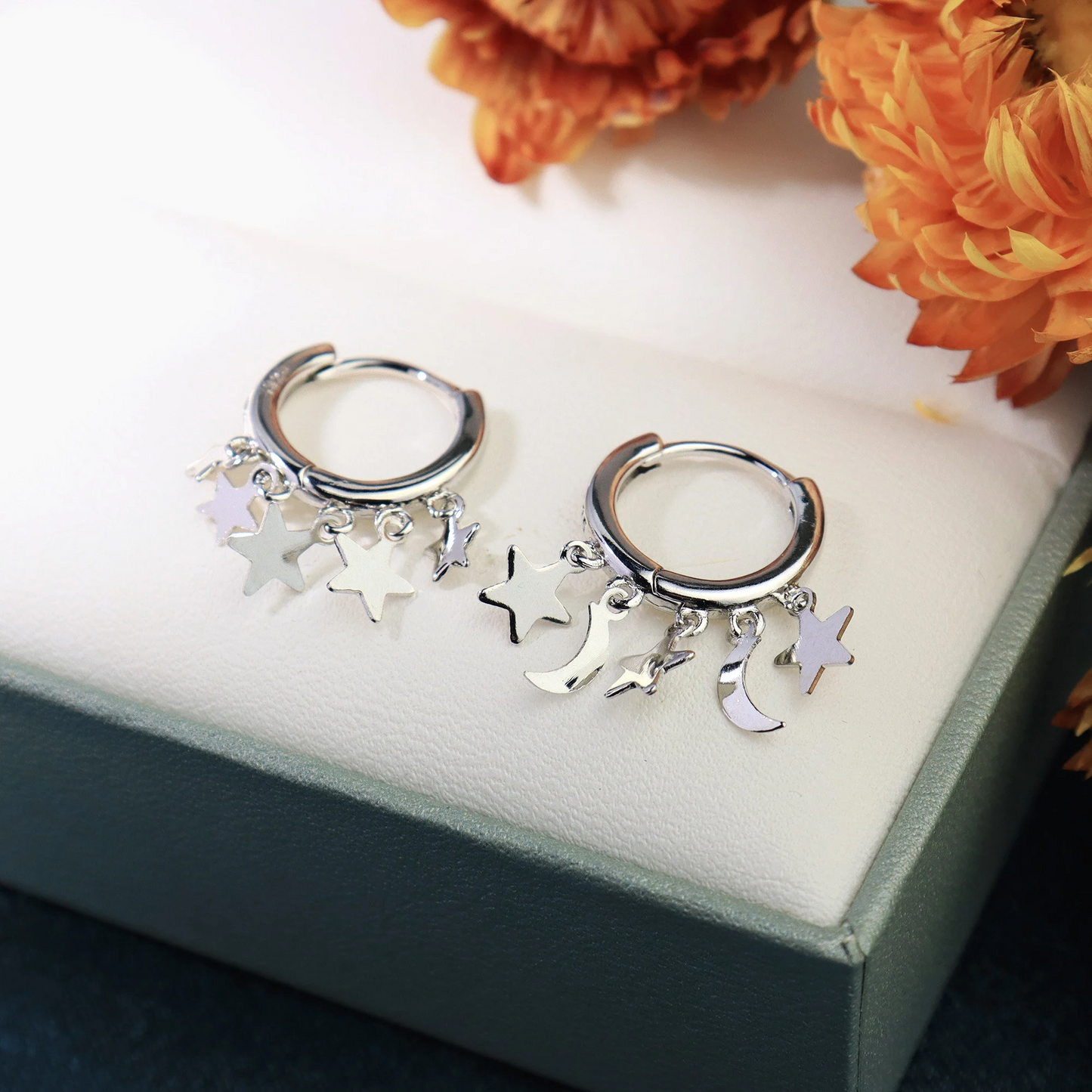 Dainty Sterling Silver Huggie Hoop Earrings with Dangling Moon and Star Charms, Celestial Geometric Design