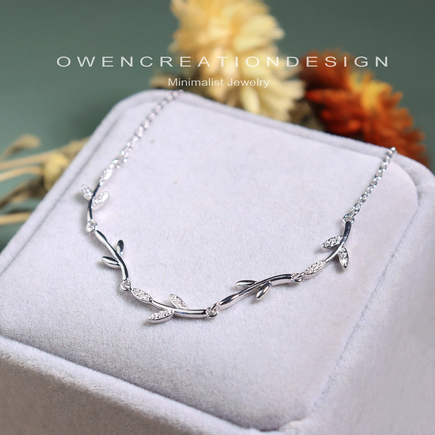 Dainty Olive Leaves Bracelet - Sterling Silver Minimalist Bracelet, Delicate CZ Crystal Tree Leaves Bracelet