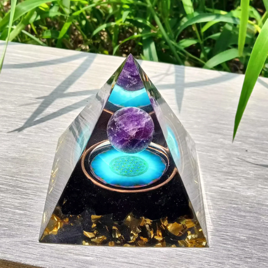 Amethyst Sphere Orgone Pyramid-Natural Purple Crystal Chakra Orgonite Pyramid