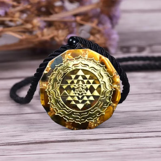 Orgonite Natural Tiger Eye Crystal Pendant Necklace-Sri Yantra Sacred Geometry Orgone