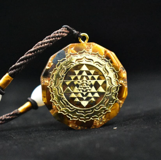 Orgonite Natural Tiger Eye Crystal Pendant Necklace-Sri Yantra Sacred Geometry Orgone