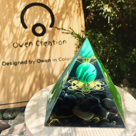 Crystal Pyramid-Malachite Orgone-60mm Crystal Sphere with Obsidian Orgonite Pyramid