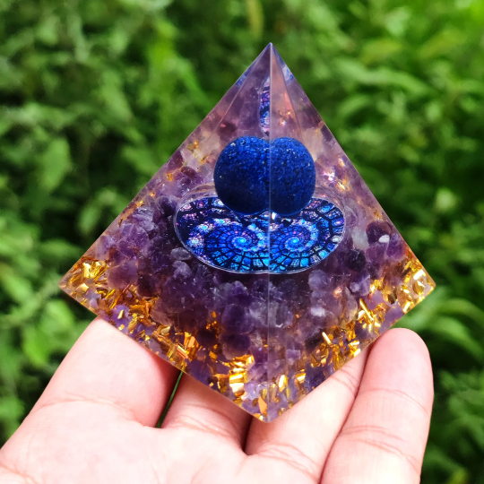 Crystal Pyramid-Lapis Lazuli Sphere Orgone-Natural Amethys Orgonite Pyramid