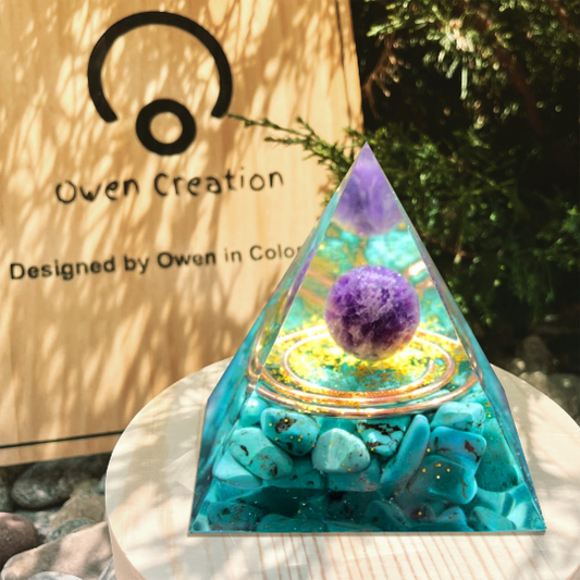 Meditation Orgonite Pyramid-Amethyst Crystal Sphere Turquoise Orgone Pyramid