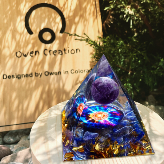 Crystal Pyramid-Orgonite Pyramid 60mm Amethyst Sphere & Blue Quartz Pyramid Orgone Pyramid