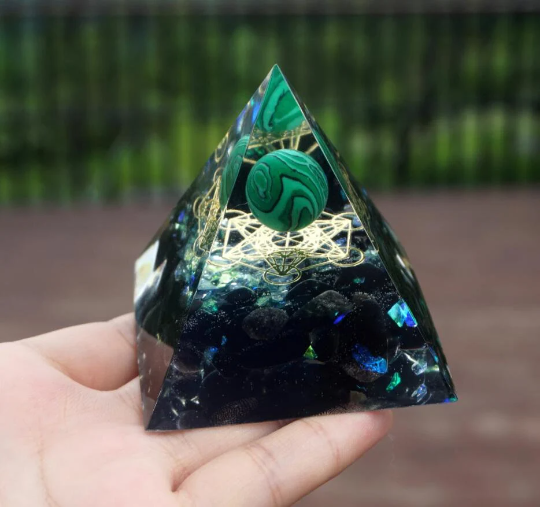 Crystal Pyramid-Malachite Orgone-60mm Crystal Sphere with Obsidian Orgonite Pyramid