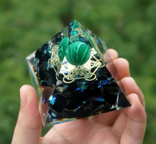 Crystal Pyramid-Malachite Orgone-60mm Crystal Sphere with Obsidian Orgonite Pyramid