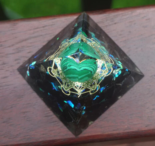 Crystal Pyramid-Malachite Orgone-60mm Crystal Sphere with Obsidian Orgonite Pyramid