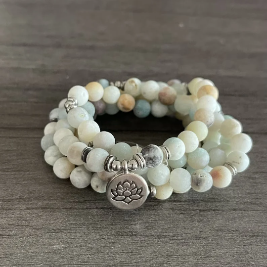 108 Mala Beads Bracelet, Amazonite Stone Bracelet-Healing Yoga Bracelet, Calming Balance Meditation Spiritual Protection Bracelet