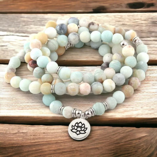 108 Mala Beads Bracelet, Amazonite Stone Bracelet-Healing Yoga Bracelet, Calming Balance Meditation Spiritual Protection Bracelet