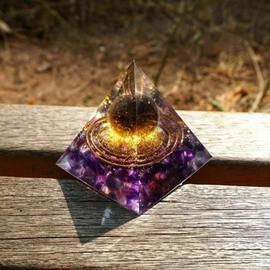 Smoky Crystal Sphere Orgone Pyramid-Natural Amethyst Stone Orgonite Pyramid