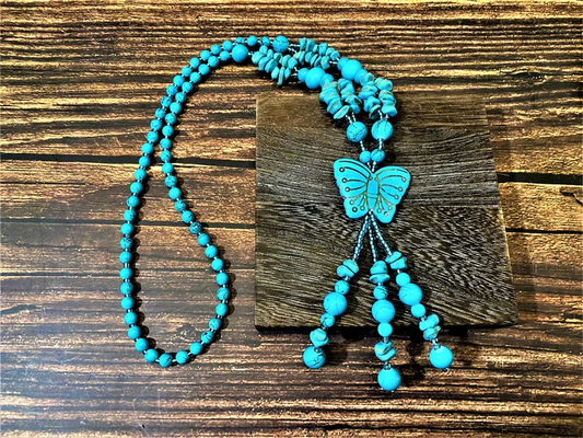 Long Turquoise Beaded Necklace, Butterfly Necklace, Beautiful Necklace For Women