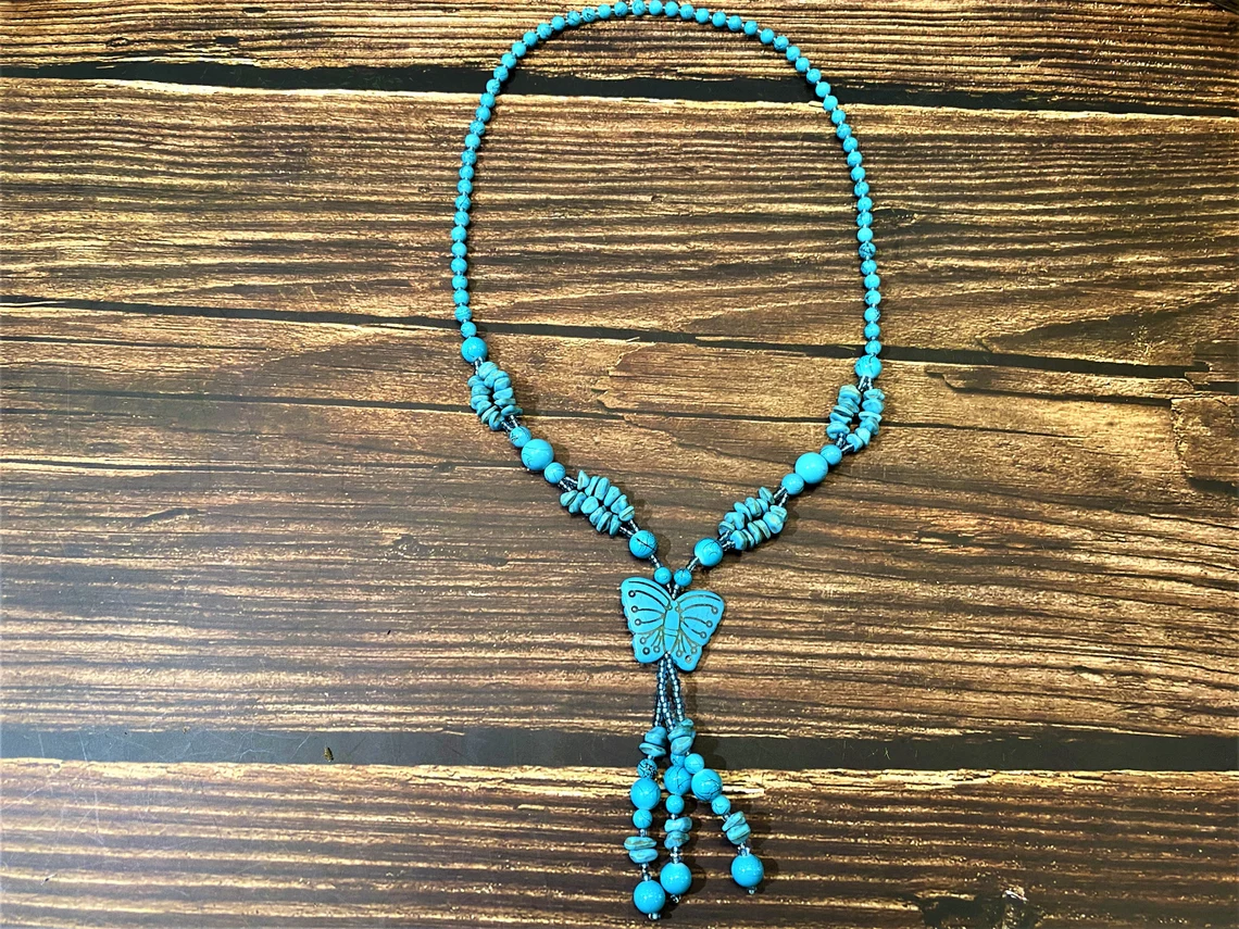 Long Turquoise Beaded Necklace, Butterfly Necklace, Beautiful Necklace For Women