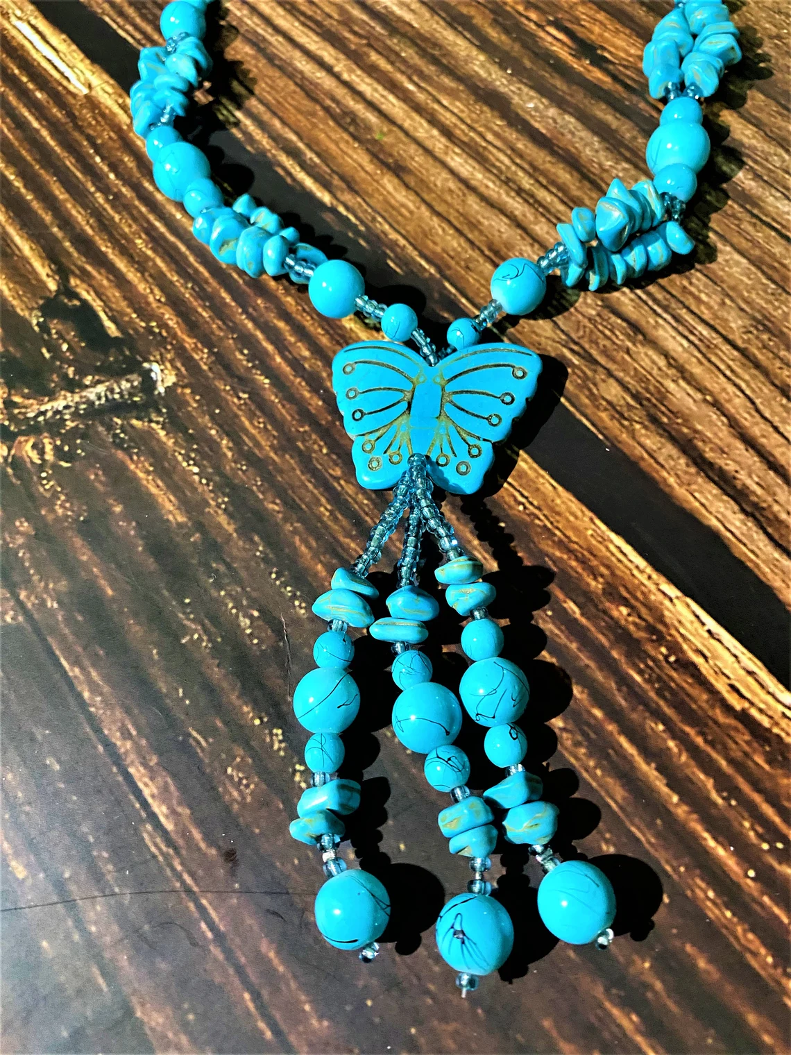 Long Turquoise Beaded Necklace, Butterfly Necklace, Beautiful Necklace For Women