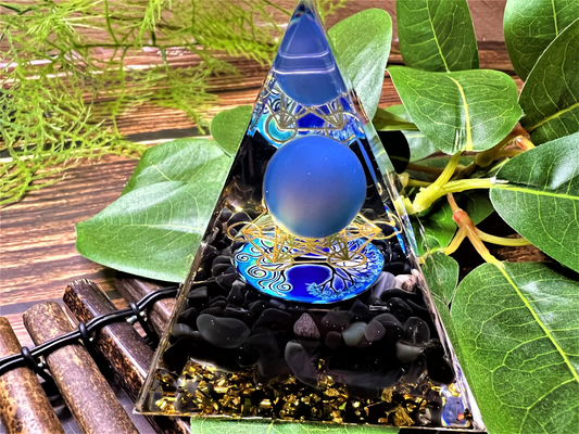 Orgone Pyramid With Blue Agate Ball, Chakra Meditating Rune- Reiki Healing Crystal- Meditation stone- Energy Generator- EMF Protection