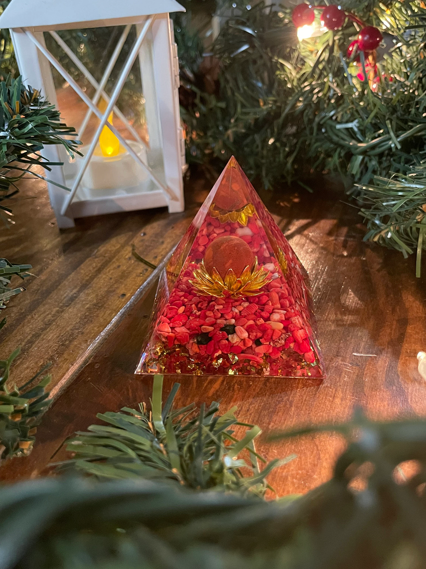 Crystal Pyramid - Sacred Geometry Orgonite - Healing Red Coral Stone Orgone Pyramid - Energy Generator EMF Protection Home Decor