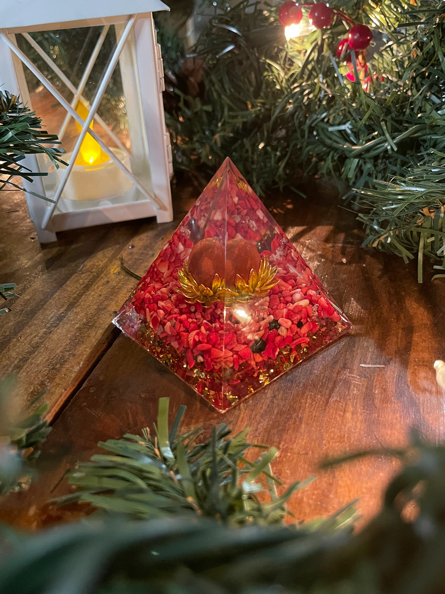 Crystal Pyramid - Sacred Geometry Orgonite - Healing Red Coral Stone Orgone Pyramid - Energy Generator EMF Protection Home Decor