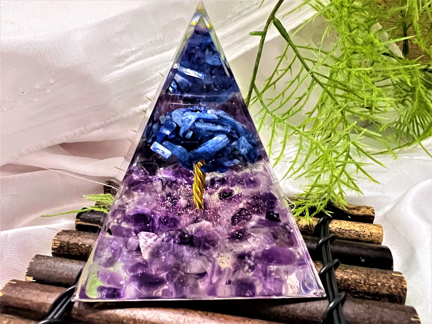 Orgone Pyramid with Kyanite Tree, Chakra Meditating Rune- Reiki Healing Crystal- Meditation stone- Energy Generator- EMF Protection