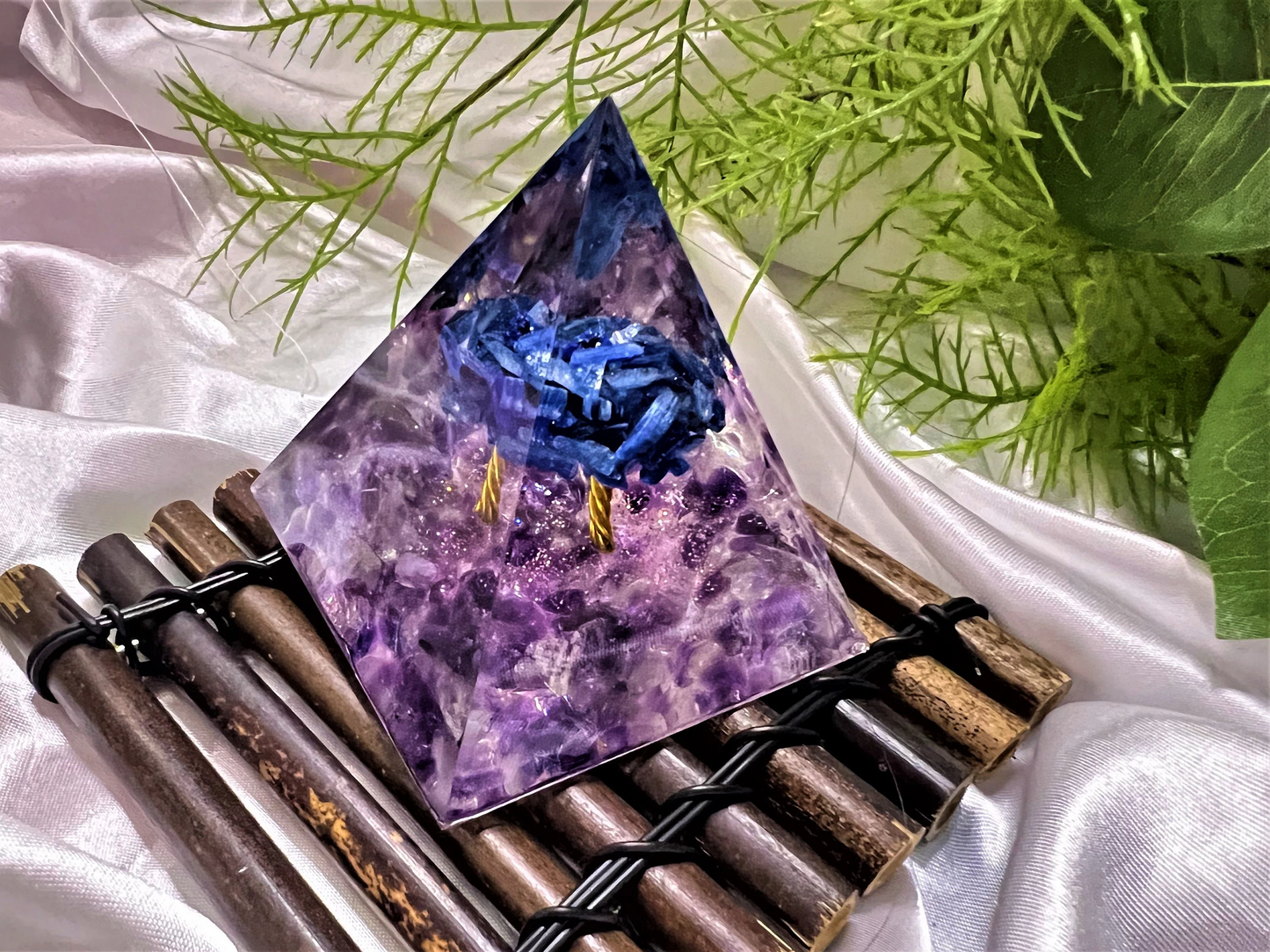 Orgone Pyramid with Kyanite Tree, Chakra Meditating Rune- Reiki Healing Crystal- Meditation stone- Energy Generator- EMF Protection