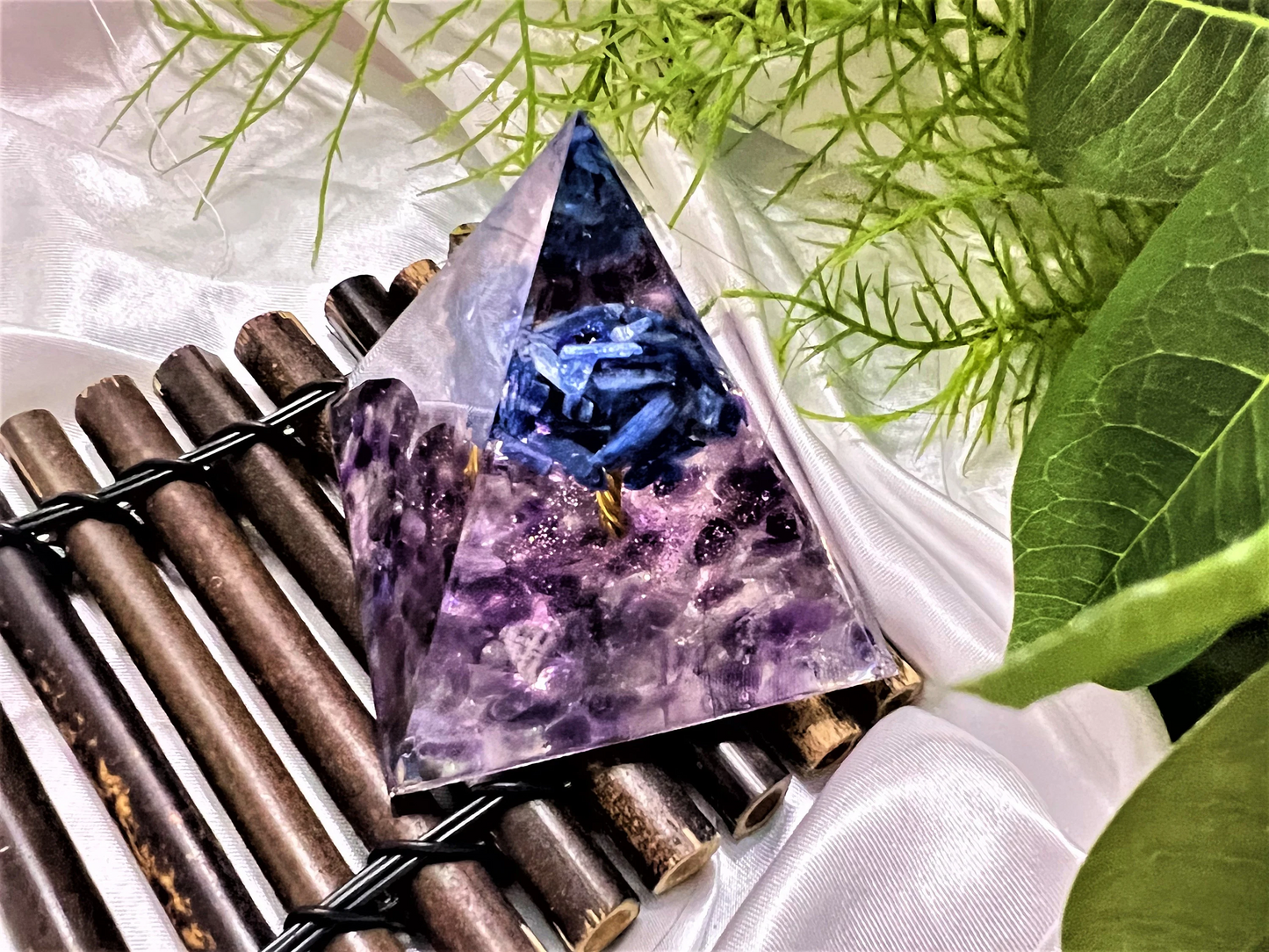 Orgone Pyramid with Kyanite Tree, Chakra Meditating Rune- Reiki Healing Crystal- Meditation stone- Energy Generator- EMF Protection